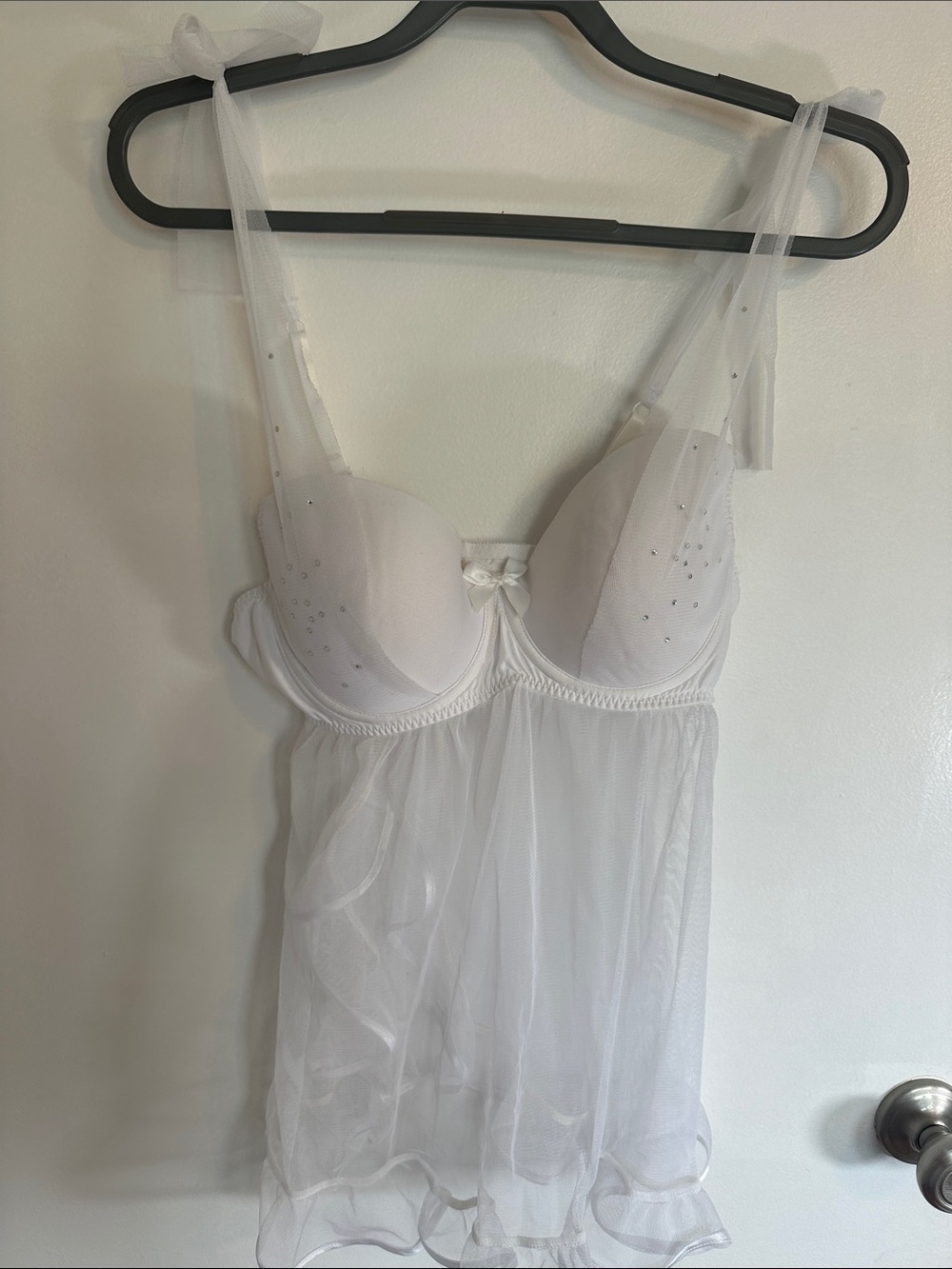 Frederick's of Hollywood White Mesh Babydoll Chemise with Embellished Cups